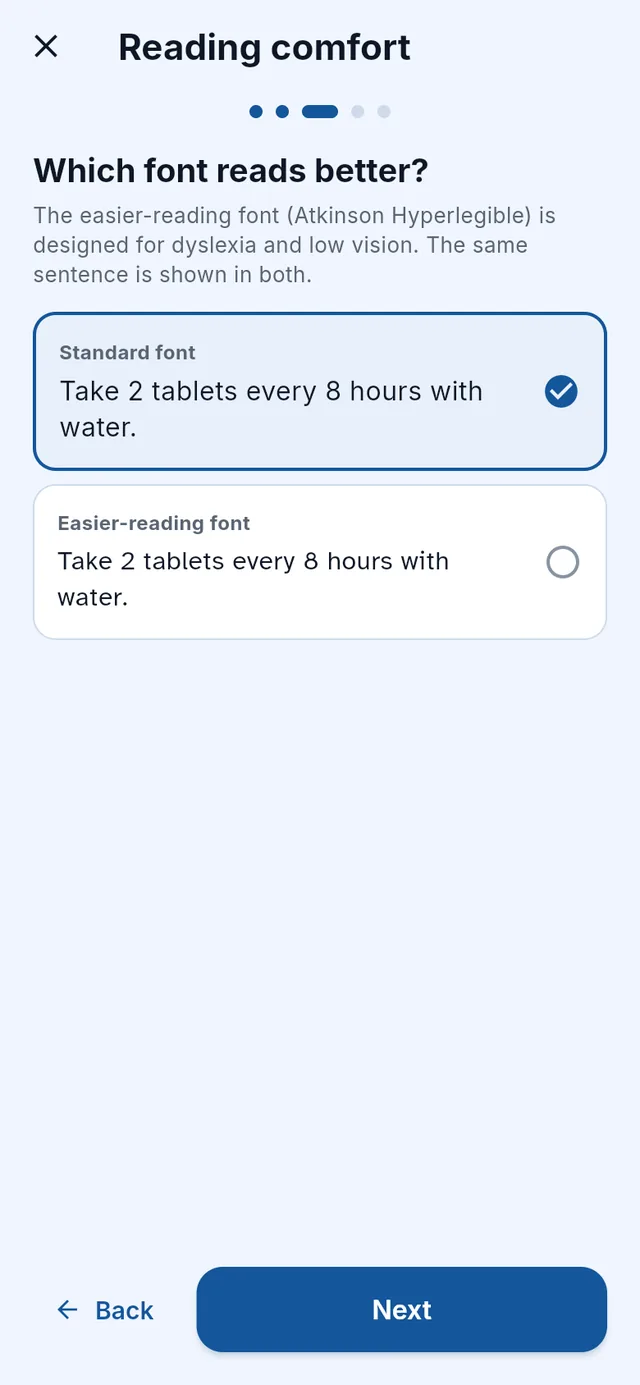 The step by step reading comfort setup asking which font reads better, the standard font and the easier-reading font showing the same sentence
