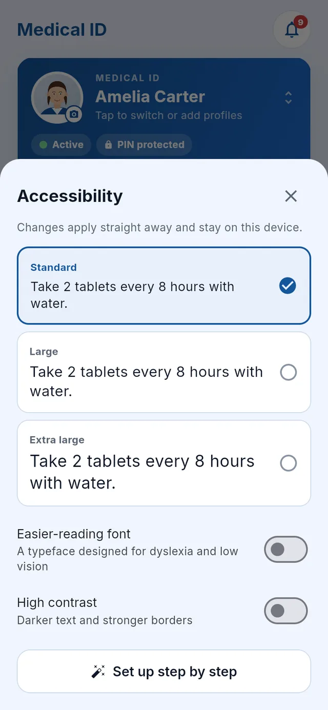 The Accessibility sheet in the app: Standard, Large and Extra large text, an easier-reading font switch and a high contrast switch