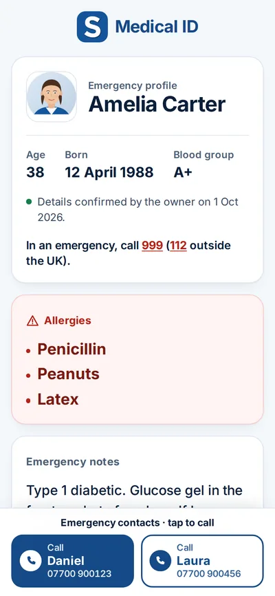 A Medical ID emergency profile open on a responder's phone